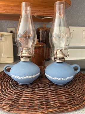 Blue Floral Band Ceramic Oil Lamp Pair